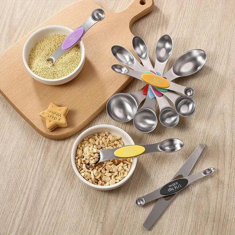 Conjunto de 9 colheres medidoras de aço inoxidável com sucção magnética