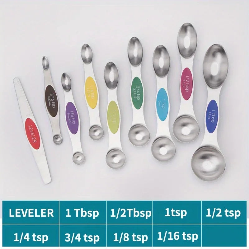 Conjunto de 9 colheres medidoras de aço inoxidável com sucção magnética